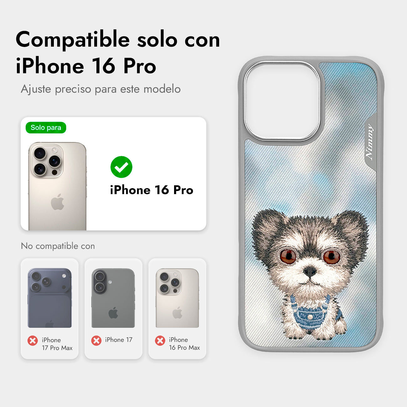 NIMMY Friends Funda New Big-Eye Cute Pets 2.0 para iPhone 16 Pro, 3D Bordada, Gray Yorkie