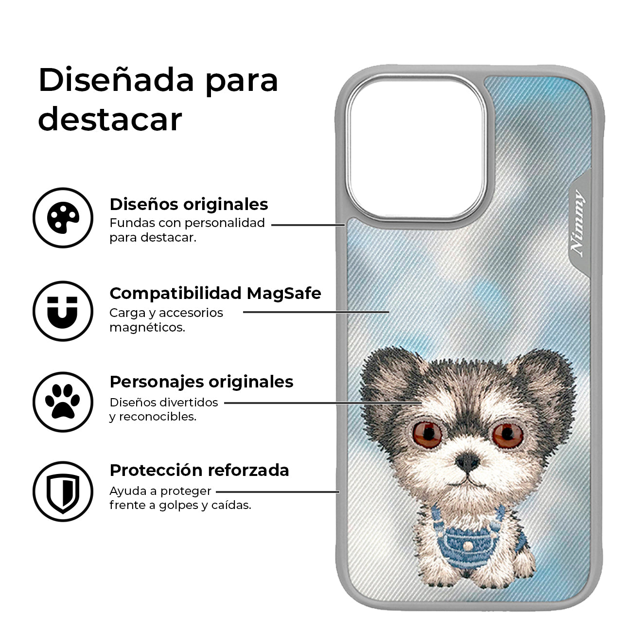 NIMMY Friends Funda New Big-Eye Cute Pets 2.0 para iPhone 16 Pro, 3D Bordada, Gray Yorkie