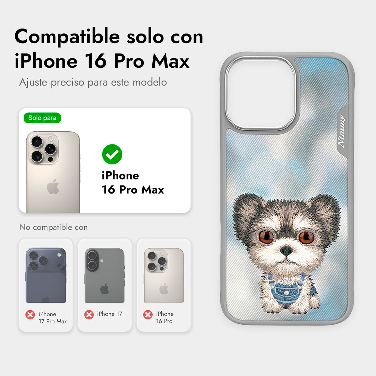 NIMMY Friends Funda New Big-Eye Cute Pets 2.0 para iPhone 16 Pro Max, 3D Bordada, Gray Yorkie