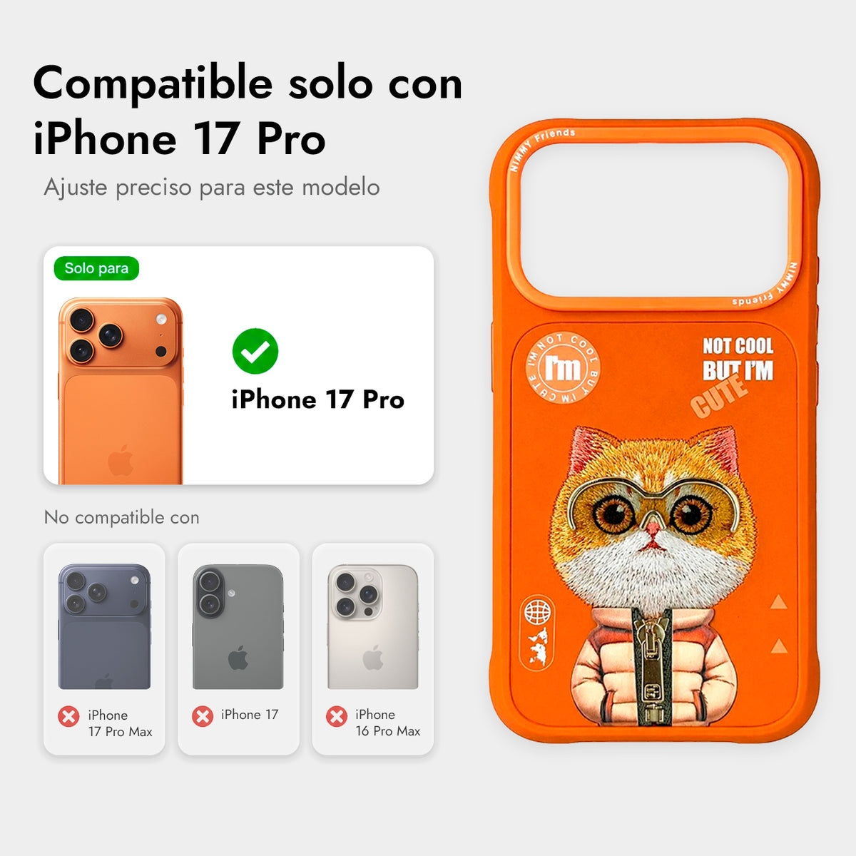 NIMMY Friends Funda Orange Golden Shaded Cool & Cute 2.0 para iPhone 17 Pro/18 Pro, 3D Bordada