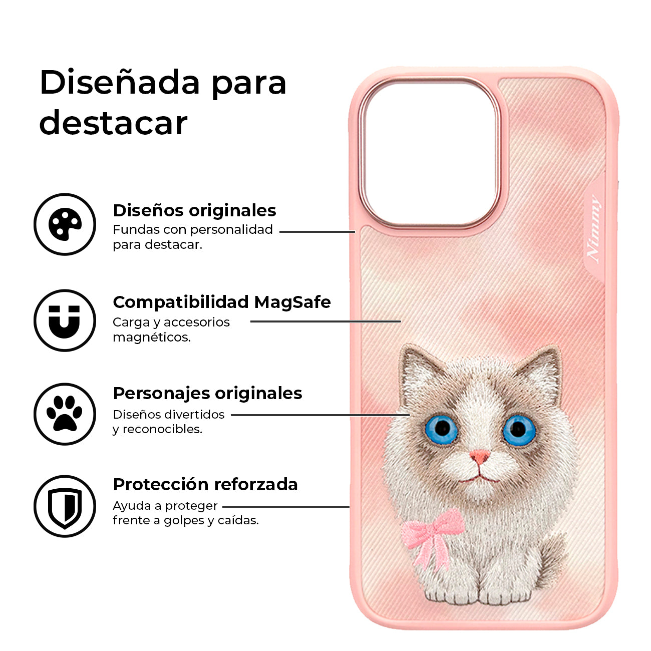 NIMMY Friends Funda New Big-Eye Cute Pets 2.0 para iPhone 16 Pro, 3D Bordada, Pink Ragdoll