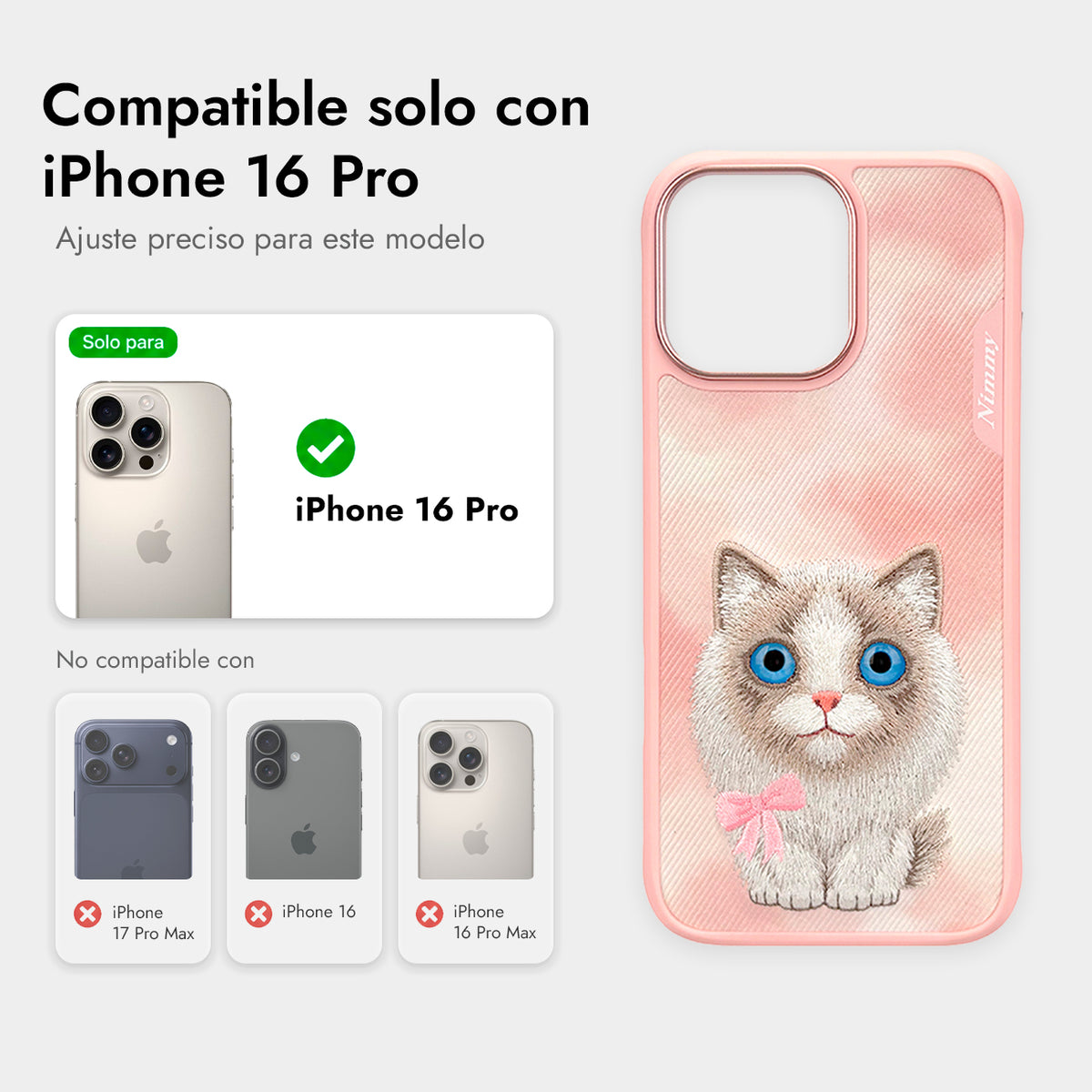 NIMMY Friends Funda New Big-Eye Cute Pets 2.0 para iPhone 16 Pro, 3D Bordada, Pink Ragdoll