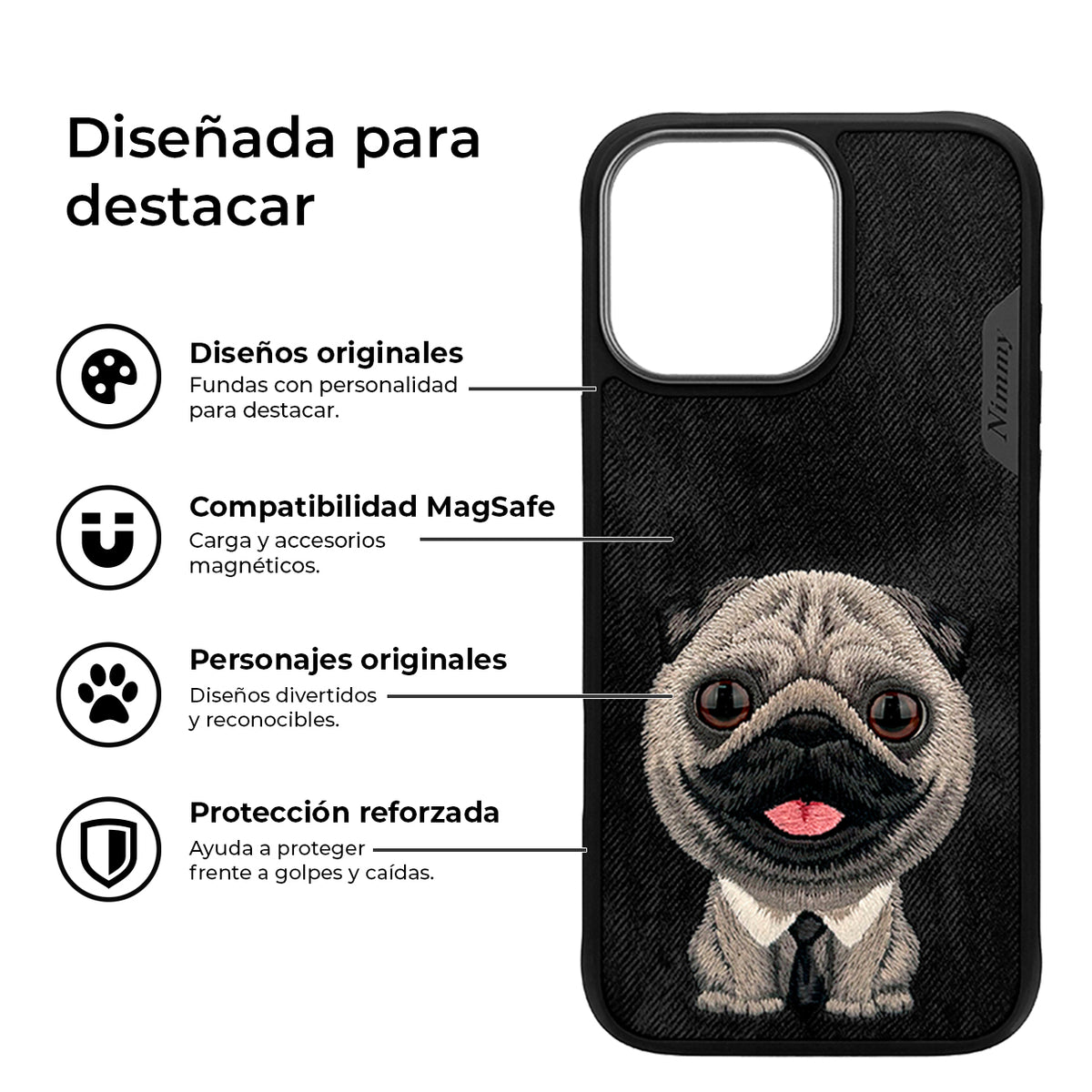 NIMMY Friends Funda New Big-Eye Cute Pets 2.0 para iPhone 16 Pro, 3D Bordada, Black Pug