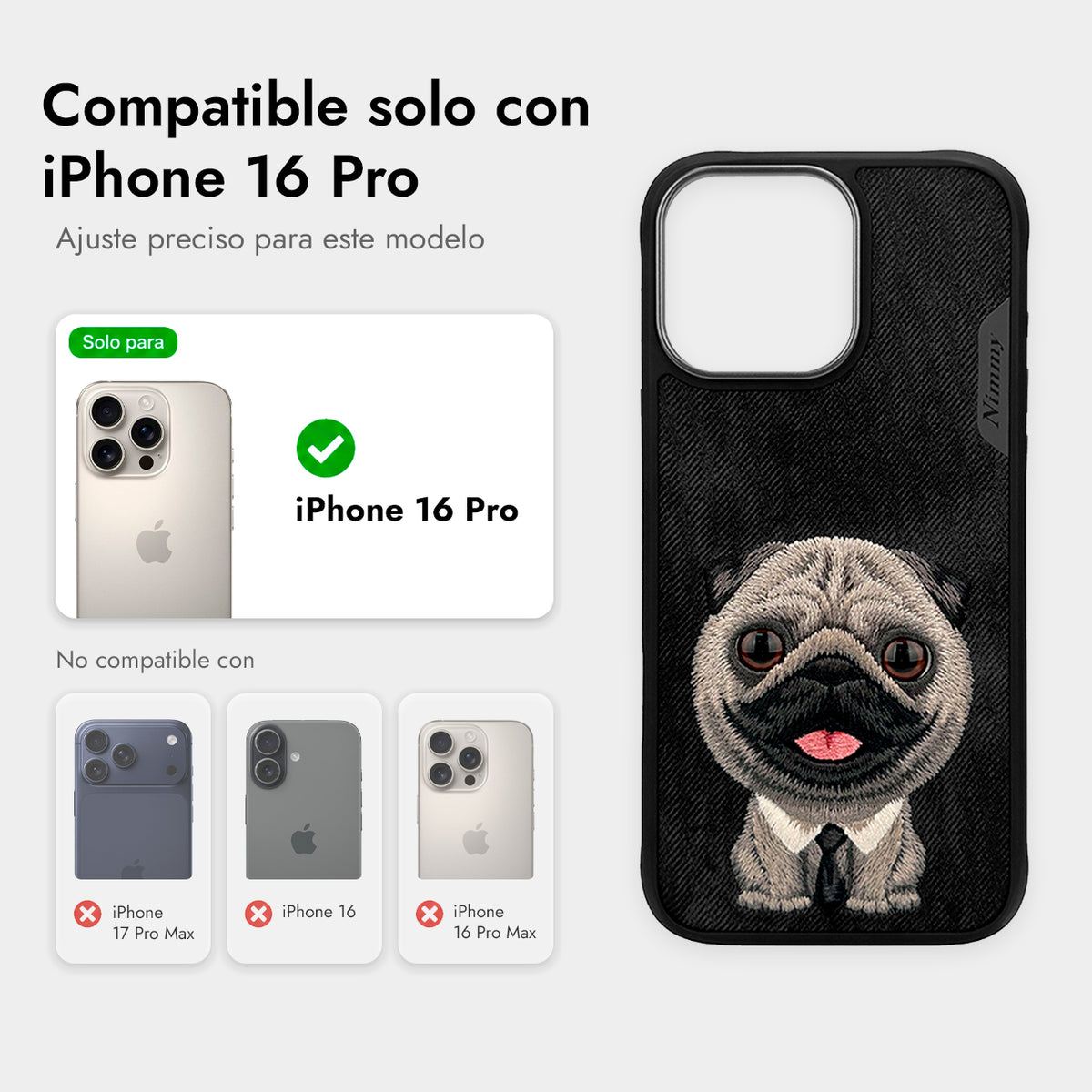 NIMMY Friends Funda New Big-Eye Cute Pets 2.0 para iPhone 16 Pro, 3D Bordada, Black Pug
