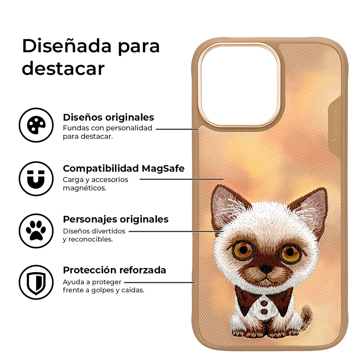NIMMY Friends Funda New Big-Eye Cute Pets 2.0 para iPhone 16 Pro Max, 3D Bordada, Brown Siamese Cat
