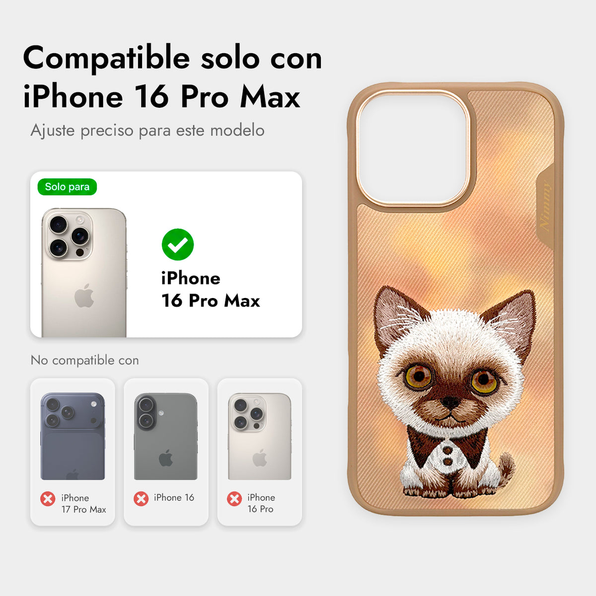 NIMMY Friends Funda New Big-Eye Cute Pets 2.0 para iPhone 16 Pro Max, 3D Bordada, Brown Siamese Cat