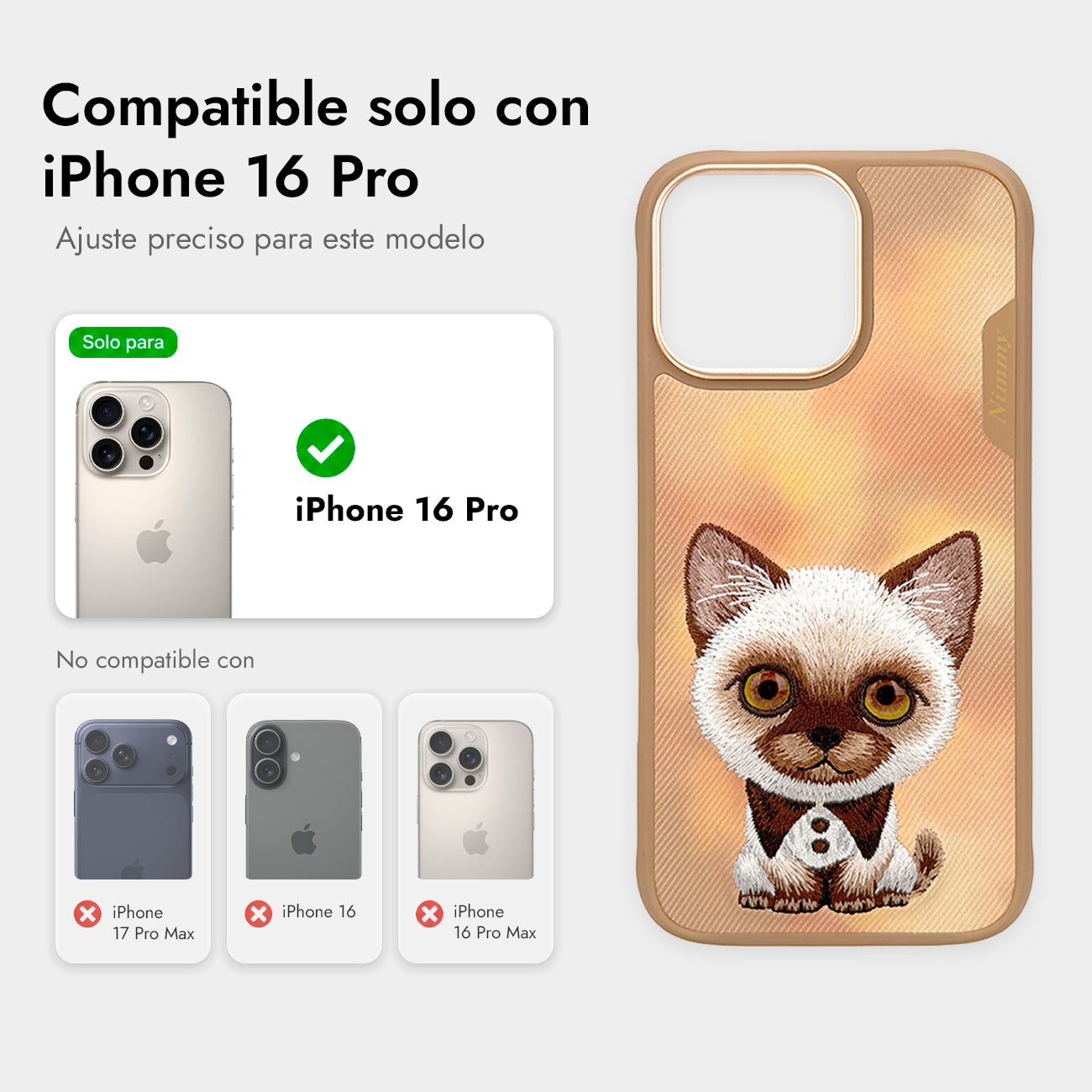 NIMMY Friends Funda New Big-Eye Cute Pets 2.0 para iPhone 16 Pro, 3D Bordada, Brown Siamese Cat