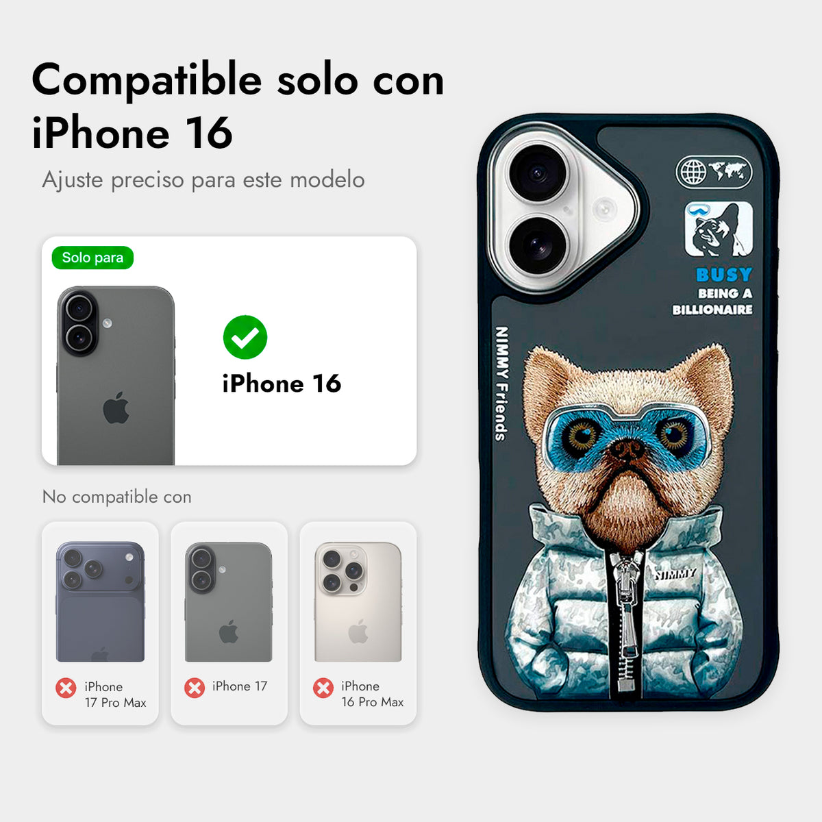 NIMMY Friends Funda Little Rich Tycoon Cool & Cute 2.0 para iPhone 16, 3D Bordada