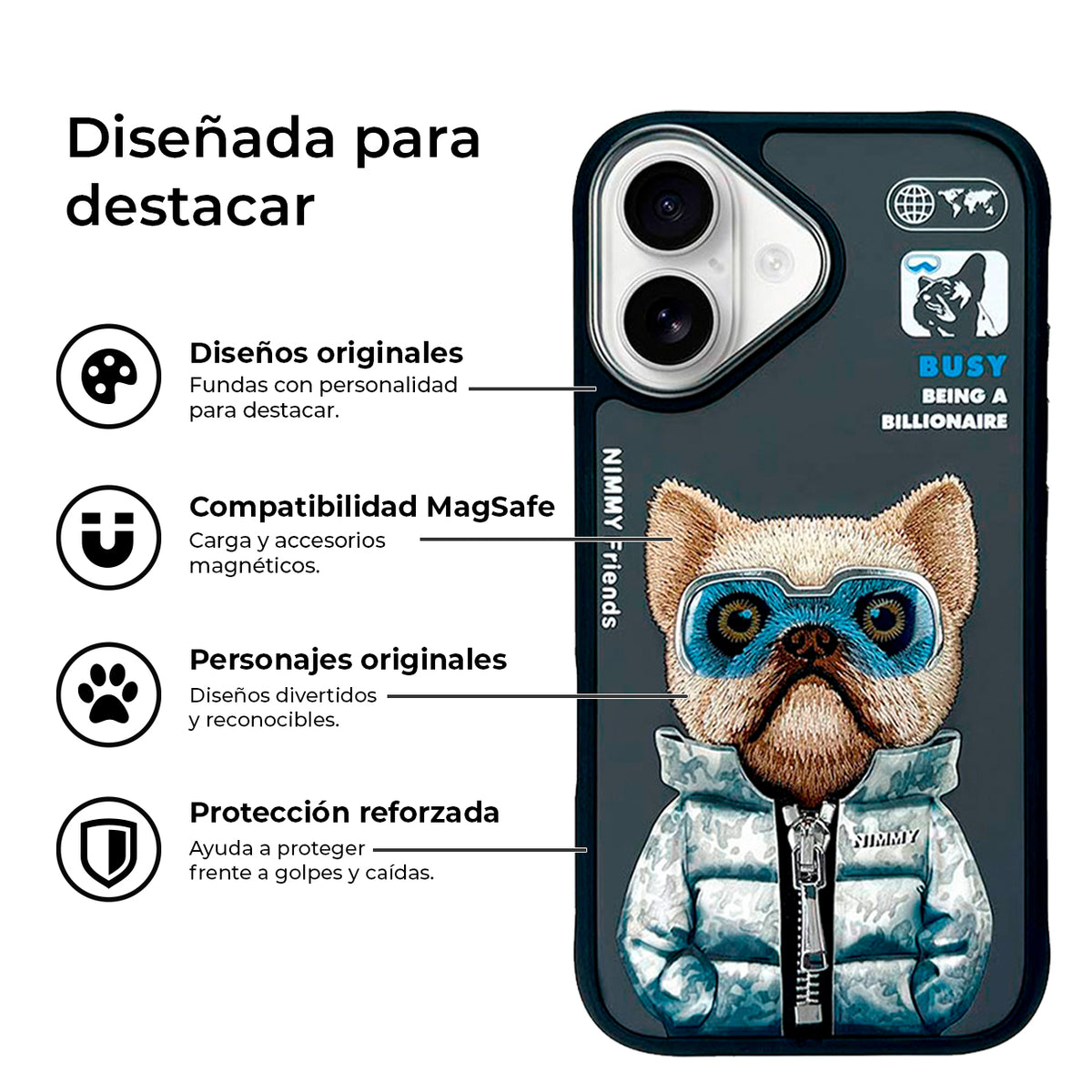 NIMMY Friends Funda Little Rich Tycoon Cool & Cute 2.0 para iPhone 16, 3D Bordada