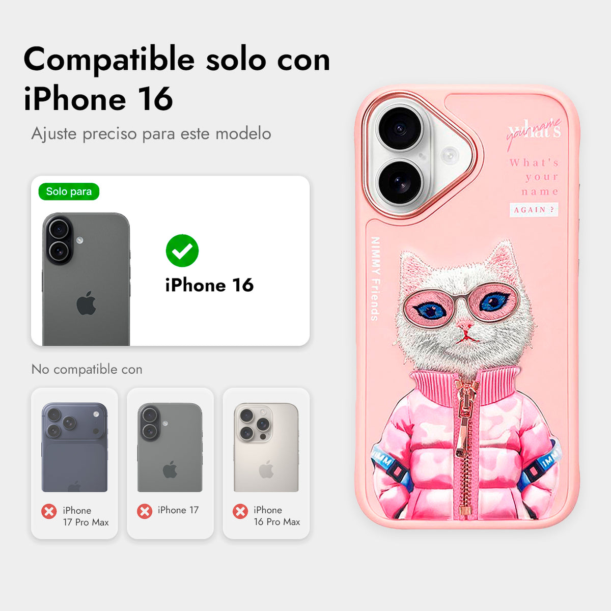 NIMMY Friends Funda Beauty White Cool & Cute 2.0 para iPhone 16, 3D Bordada Rosa