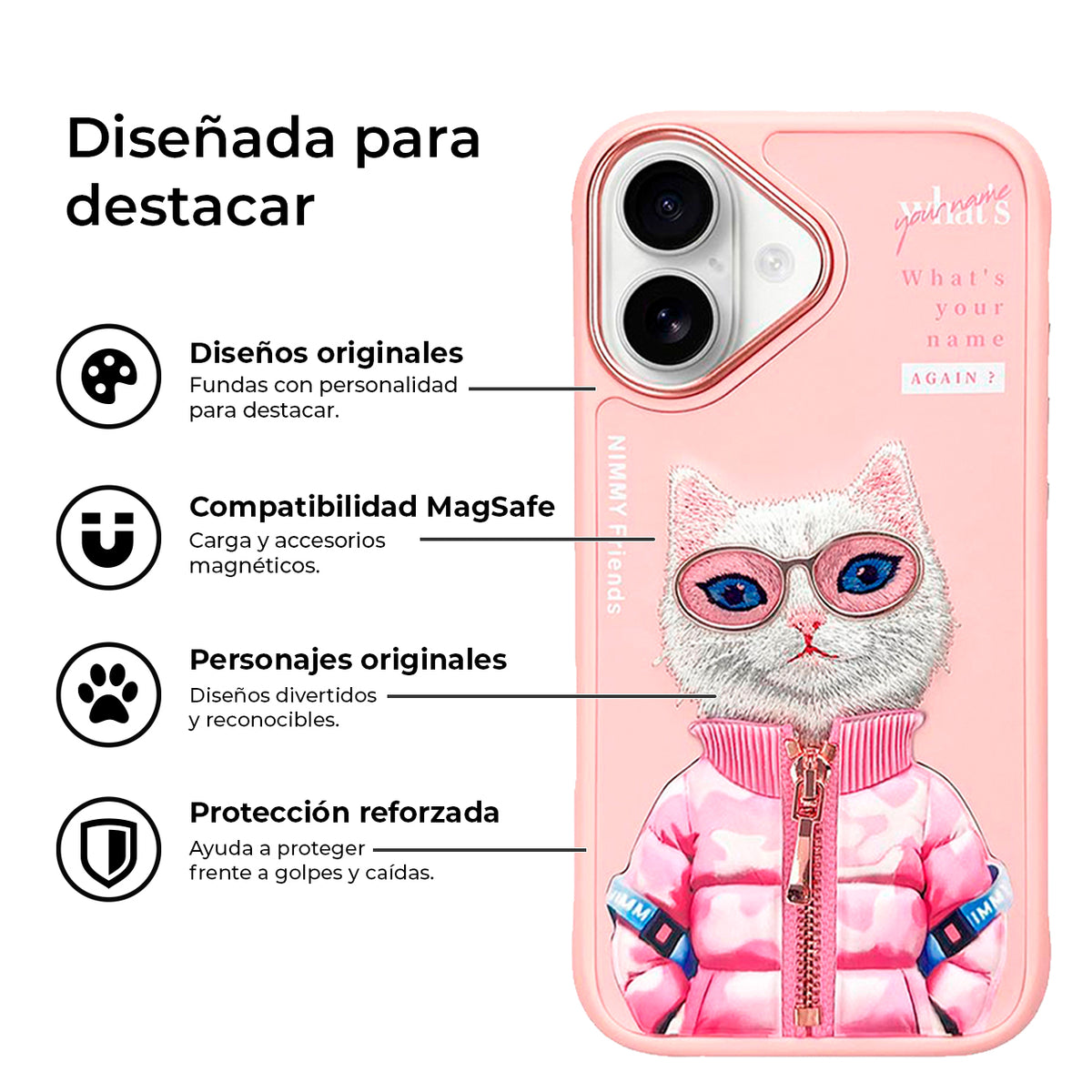 NIMMY Friends Funda Beauty White Cool & Cute 2.0 para iPhone 16, 3D Bordada Rosa