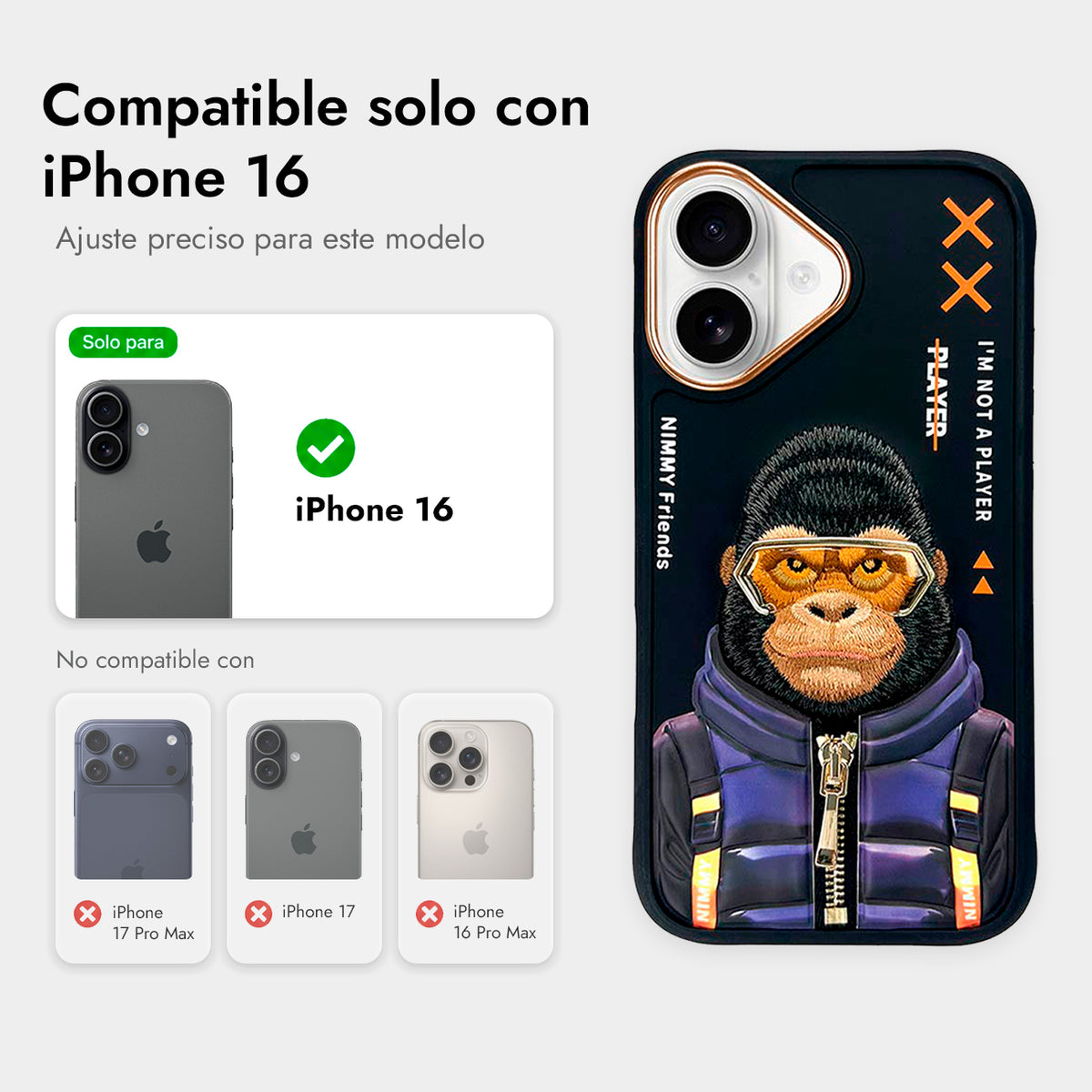 NIMMY Friends Funda Gorilla Cool & Cute 2.0 para iPhone 16, 3D Bordada