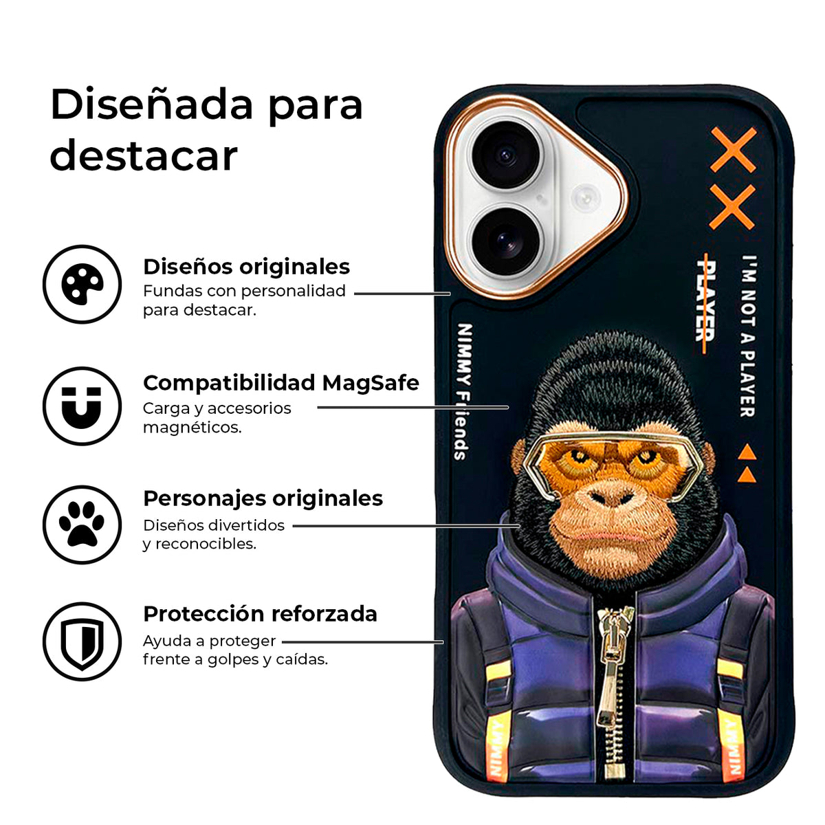 NIMMY Friends Funda Gorilla Cool & Cute 2.0 para iPhone 16, 3D Bordada