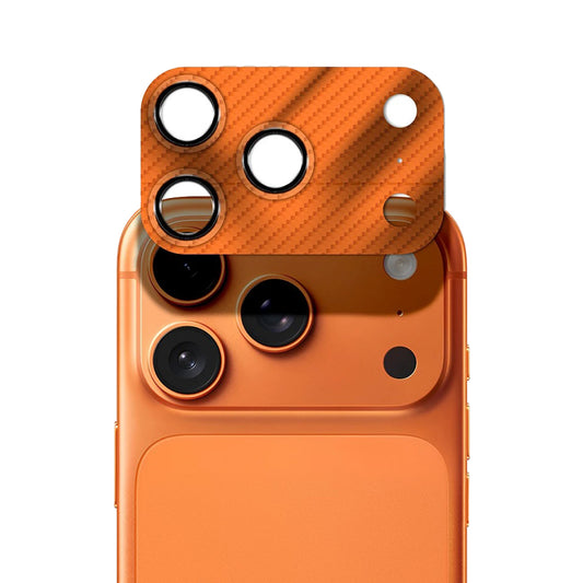 CASEWORLD Protector de Cámara para iPhone 17 Pro – Fibra de Carbono Naranja, Protección Completa y Ajuste Preciso