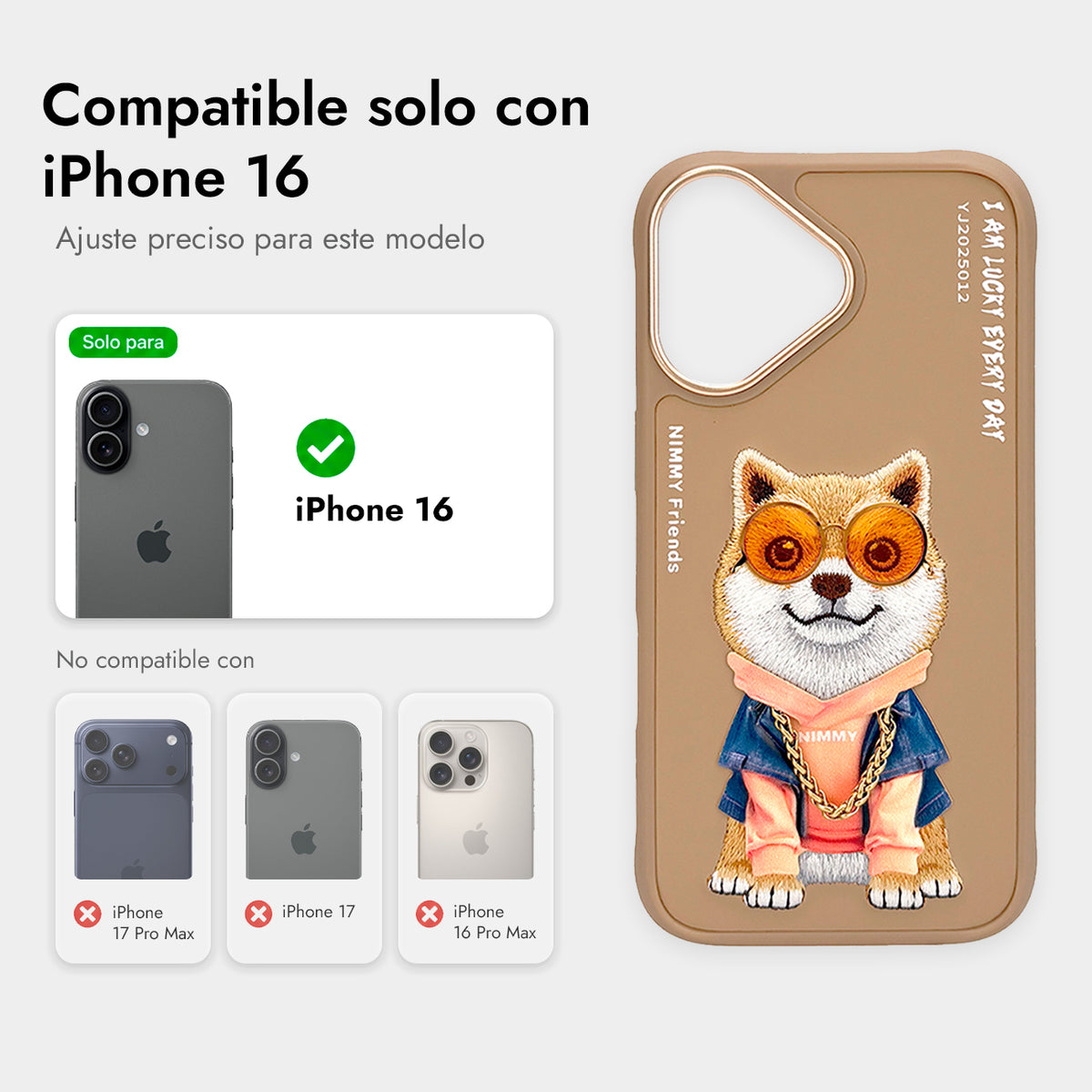 NIMMY Friends Funda Shiba Inu Glasses Series para iPhone 16, 3D Bordada Marrón