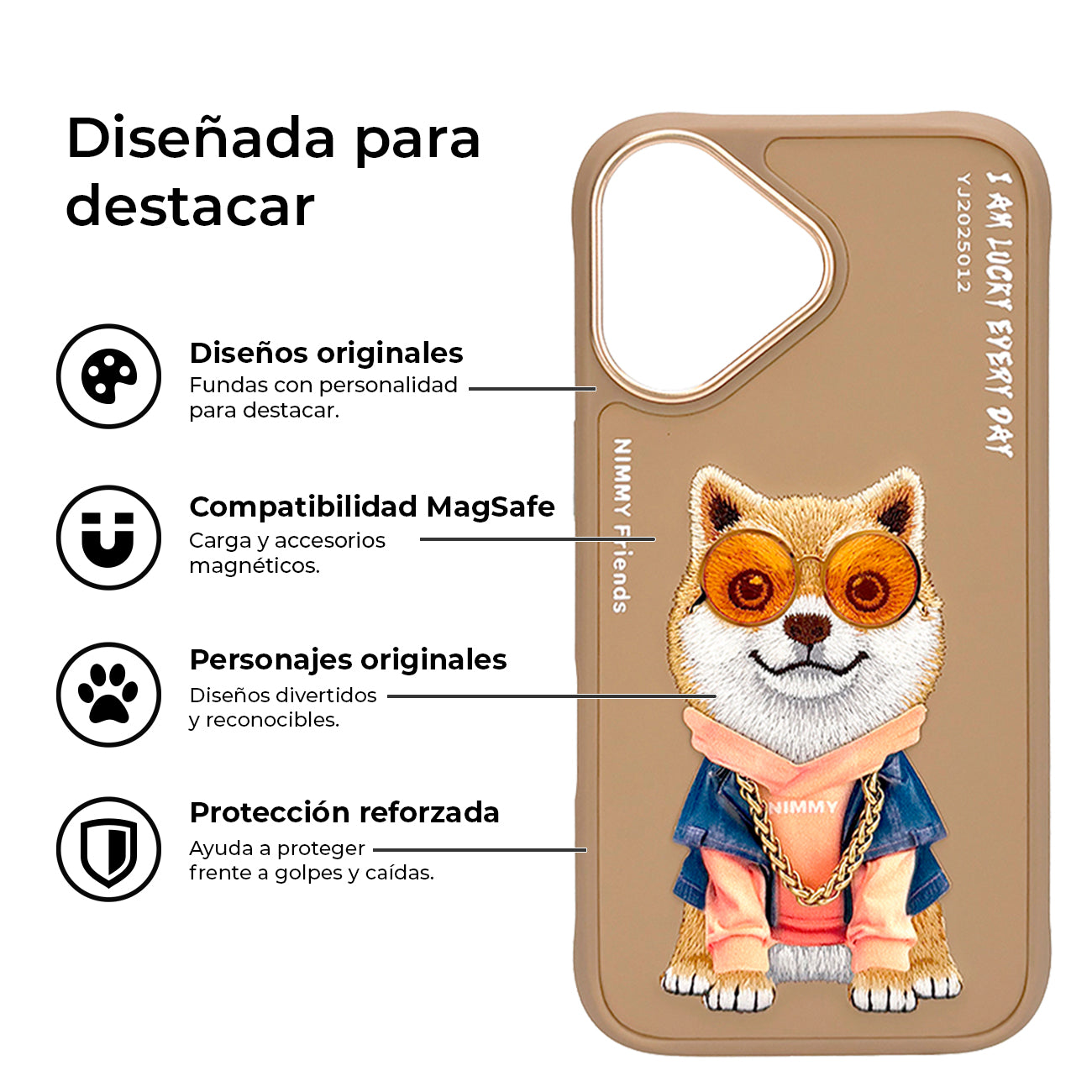 NIMMY Friends Funda Shiba Inu Glasses Series para iPhone 16, 3D Bordada Marrón