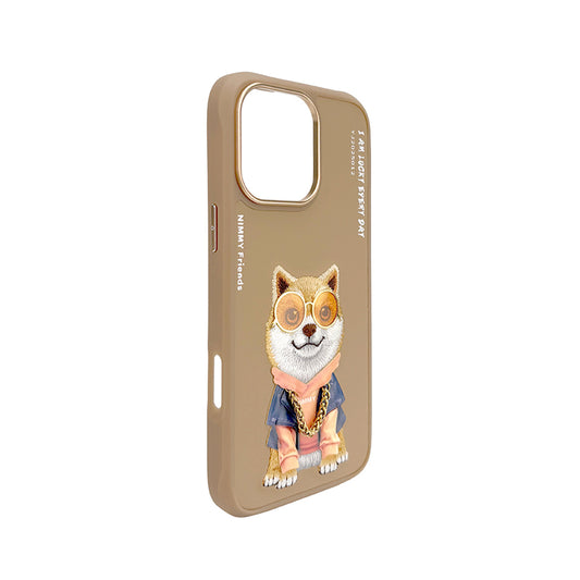 NIMMY Friends Funda Shiba Inu Glasses Series para iPhone 16 Pro, 3D Bordada Marrón
