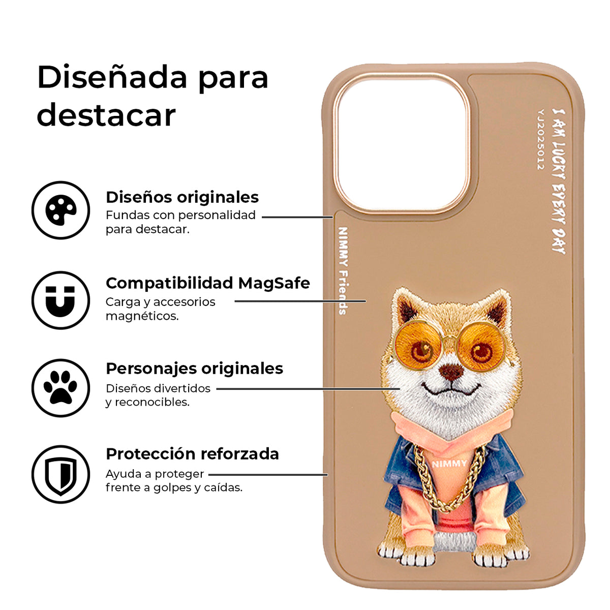 NIMMY Friends Funda Shiba Inu Glasses Series para iPhone 16 Pro, 3D Bordada Marrón