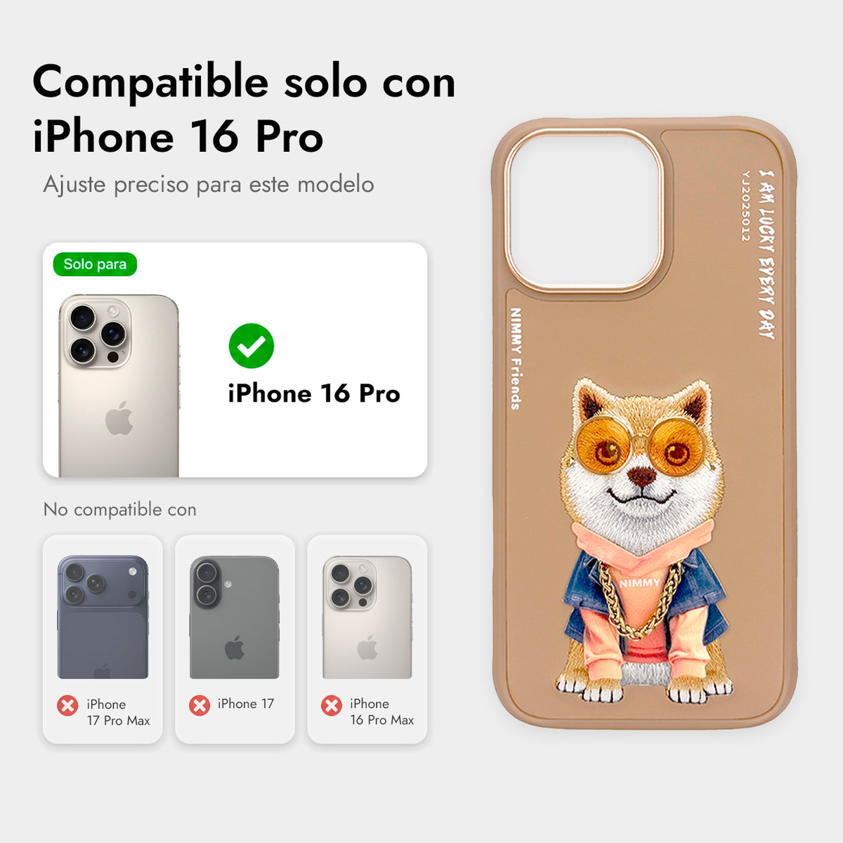 NIMMY Friends Funda Shiba Inu Glasses Series para iPhone 16 Pro, 3D Bordada Marrón