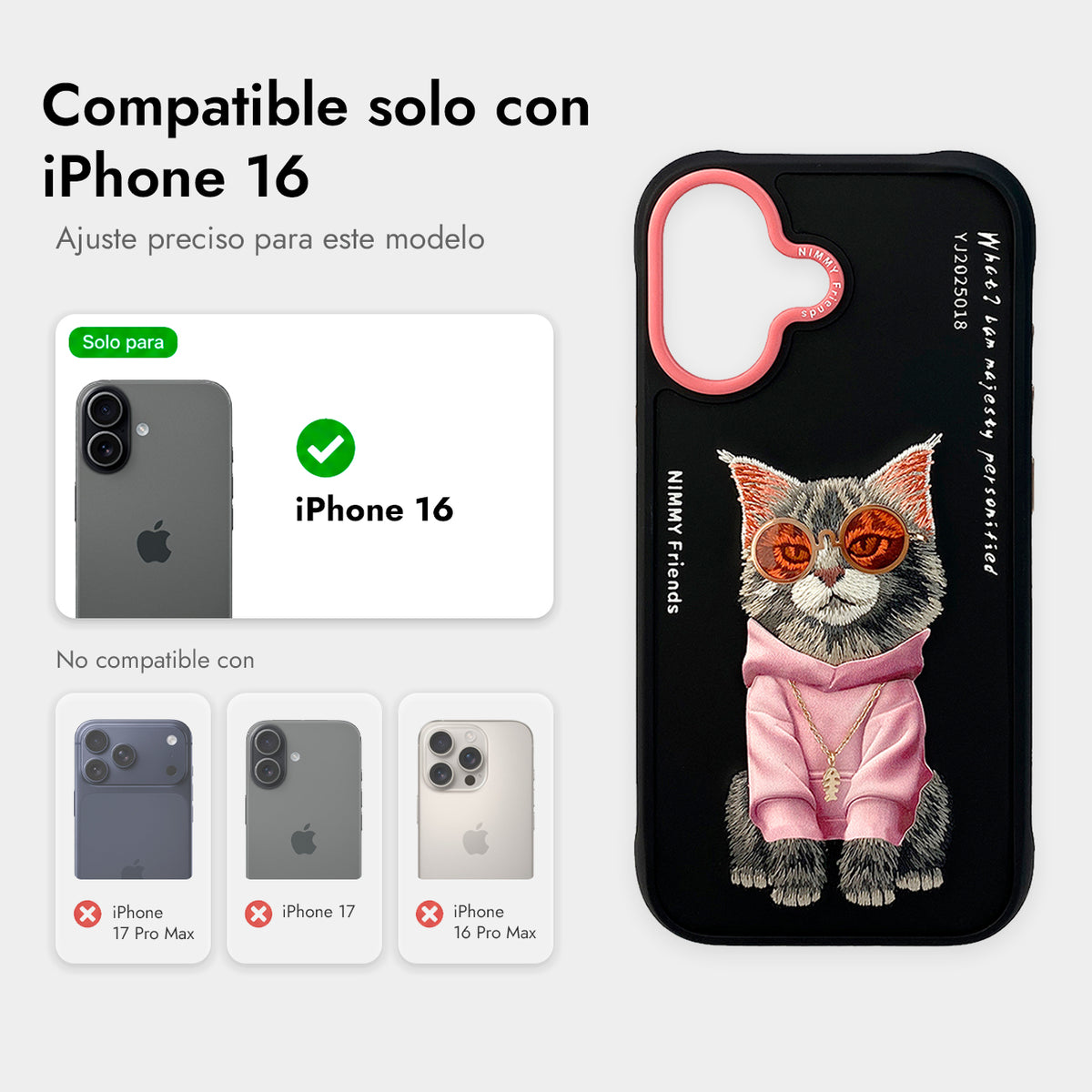 NIMMY Friends Funda Maine Glasses Series para iPhone 16, 3D Bordada Negro