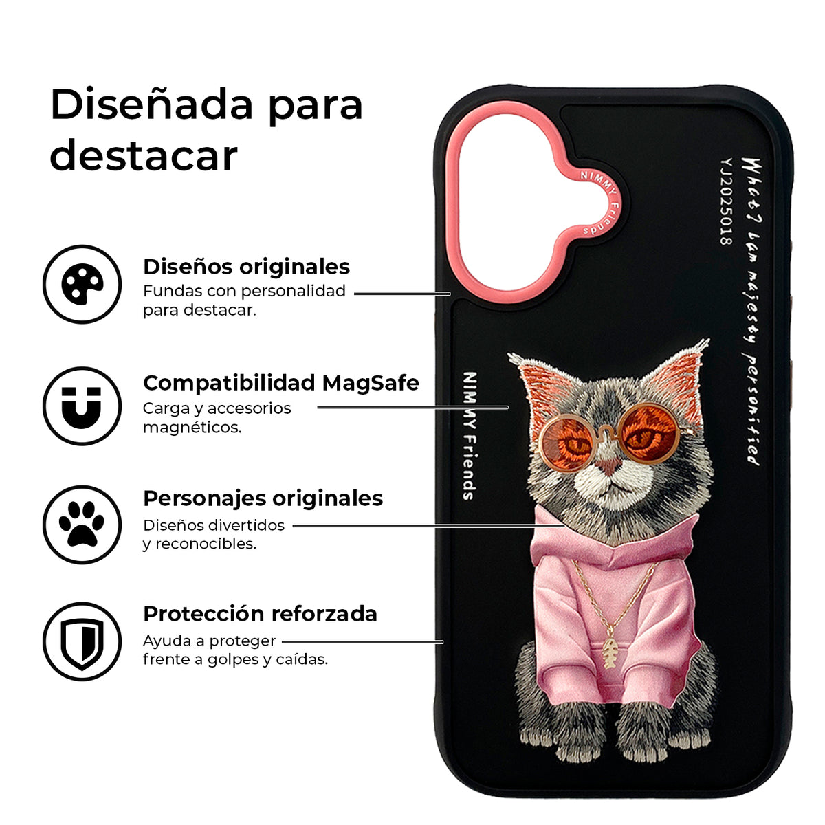 NIMMY Friends Funda Maine Glasses Series para iPhone 16, 3D Bordada Negro