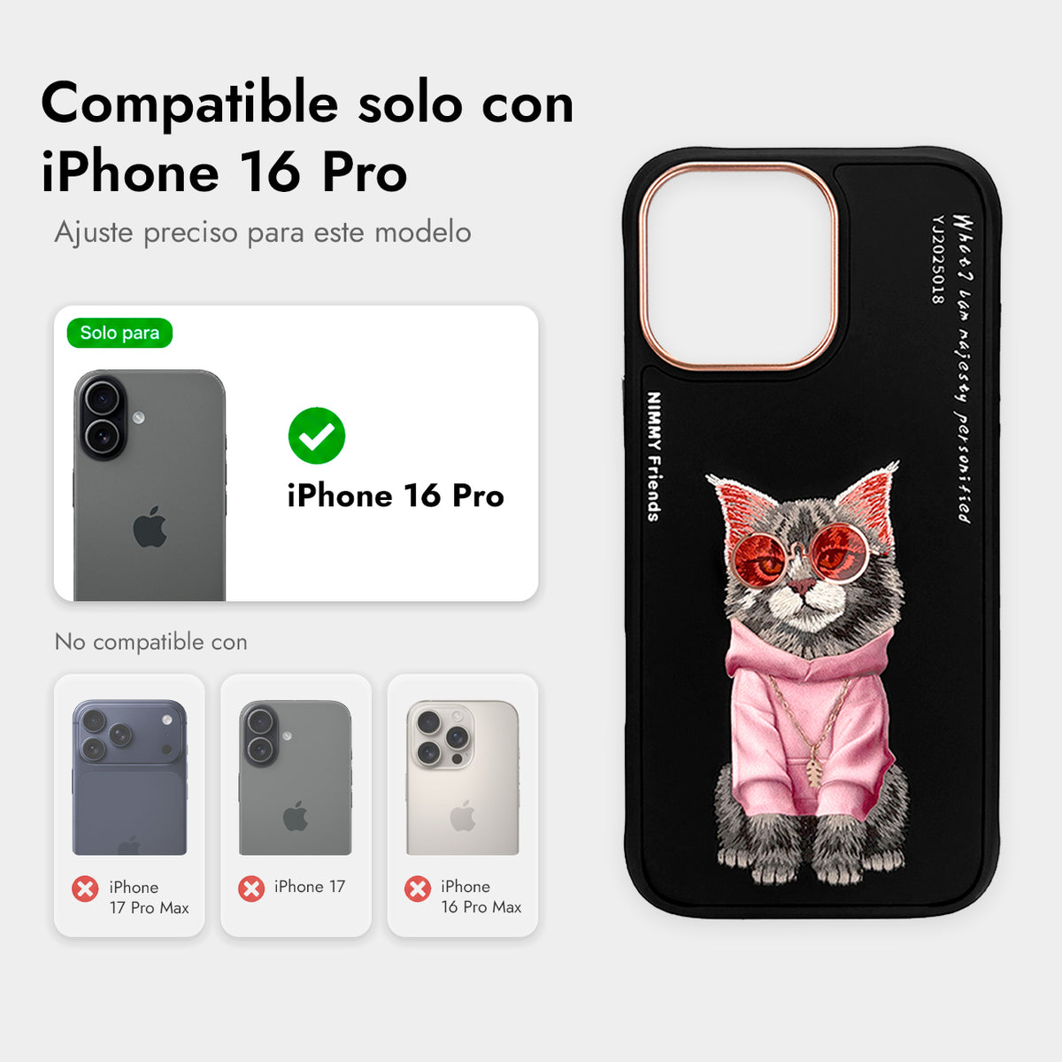 NIMMY Friends Funda Maine Glasses Series para iPhone 16 Pro, 3D Bordada Negro