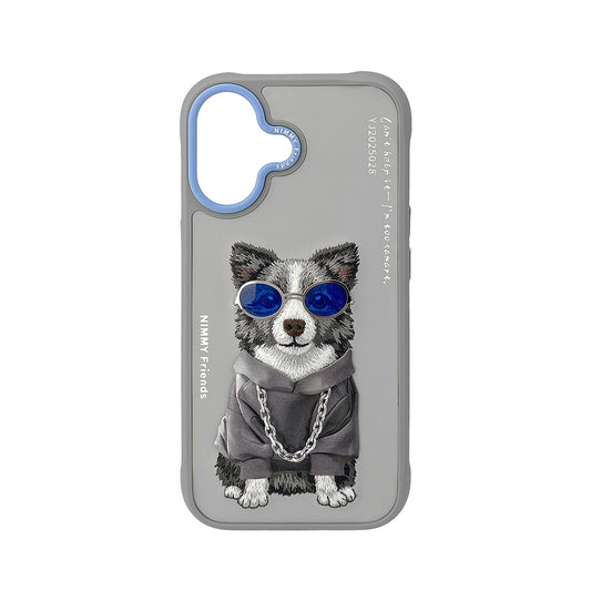 NIMMY Friends Funda Border Collie Glasses Series para iPhone 16, 3D Bordada Gris