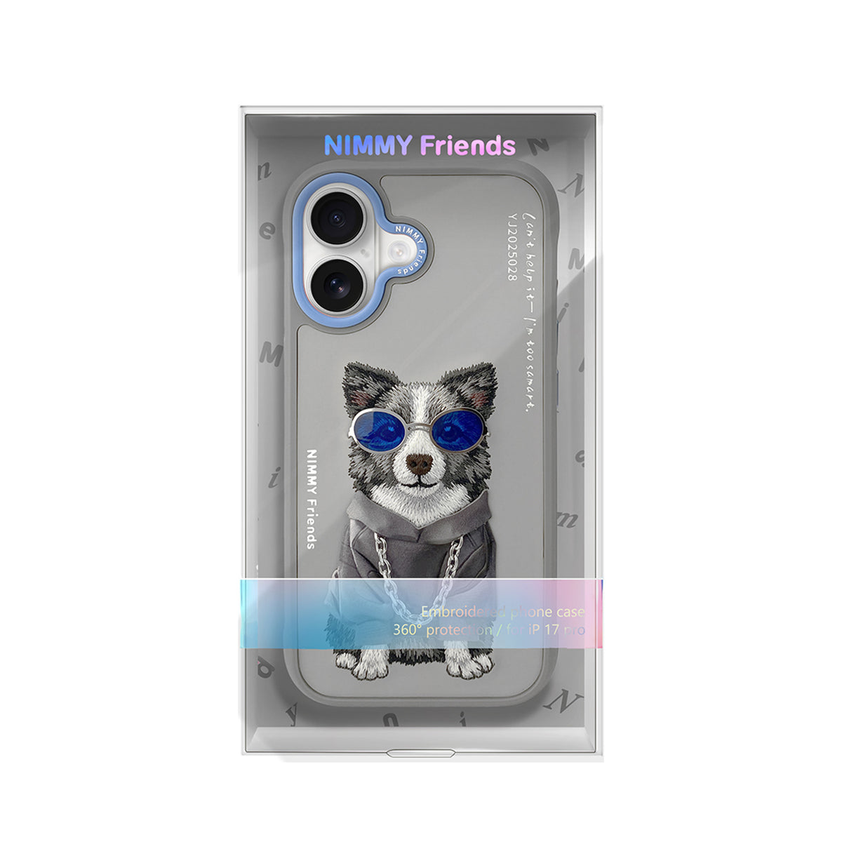 NIMMY Friends Funda Border Collie Glasses Series para iPhone 16, 3D Bordada Gris