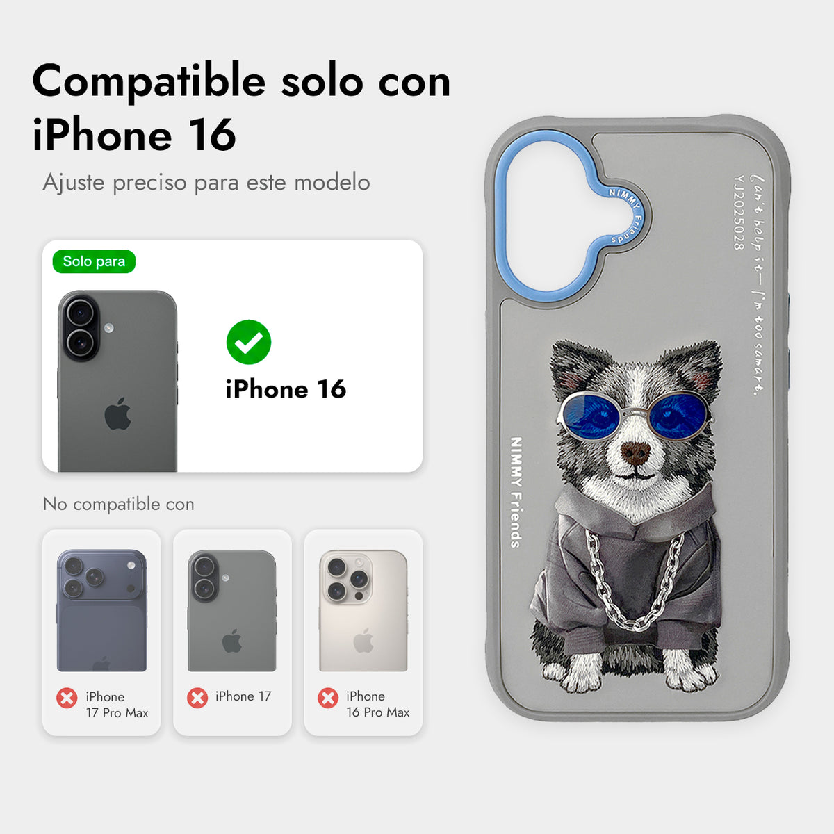 NIMMY Friends Funda Border Collie Glasses Series para iPhone 16, 3D Bordada Gris