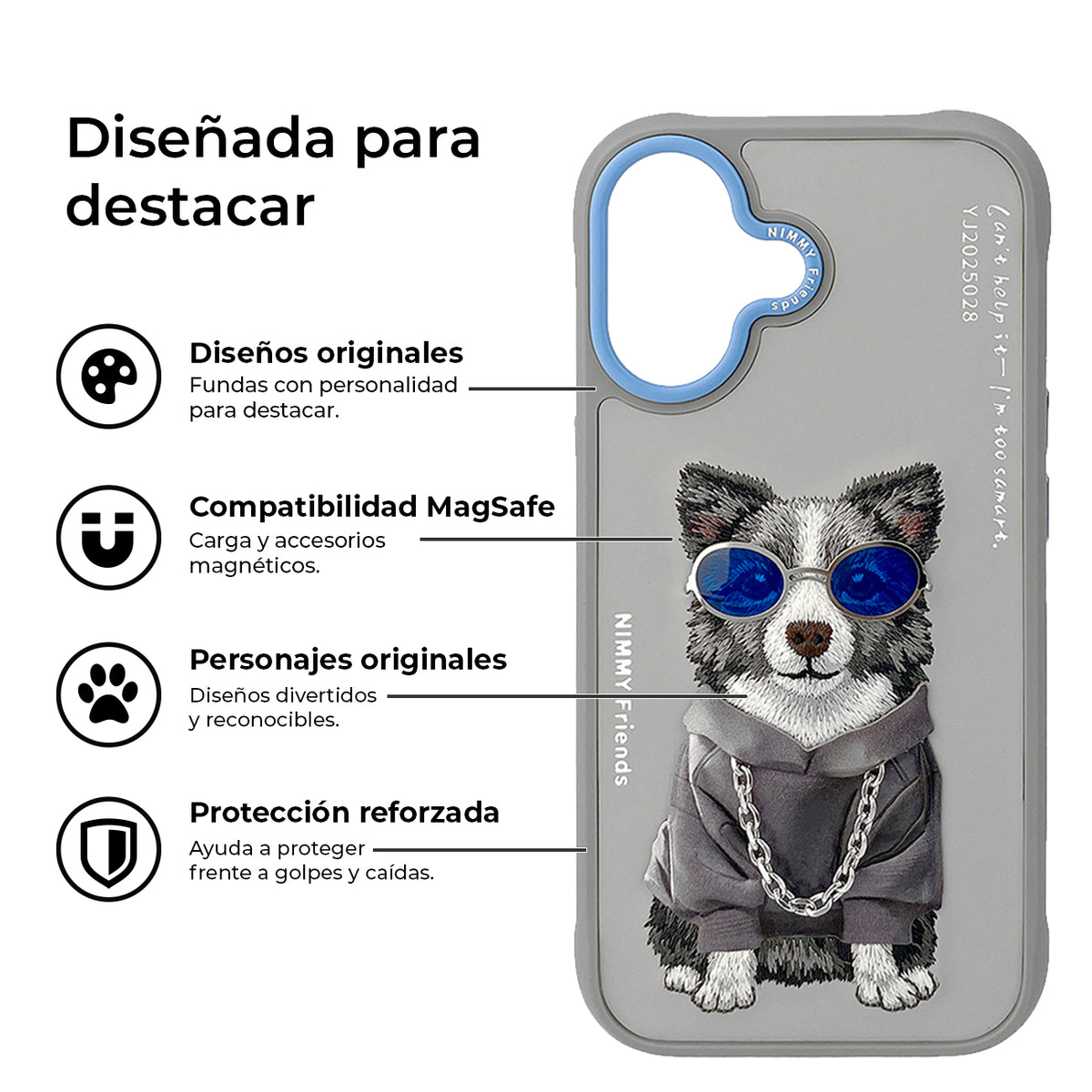 NIMMY Friends Funda Border Collie Glasses Series para iPhone 16, 3D Bordada Gris