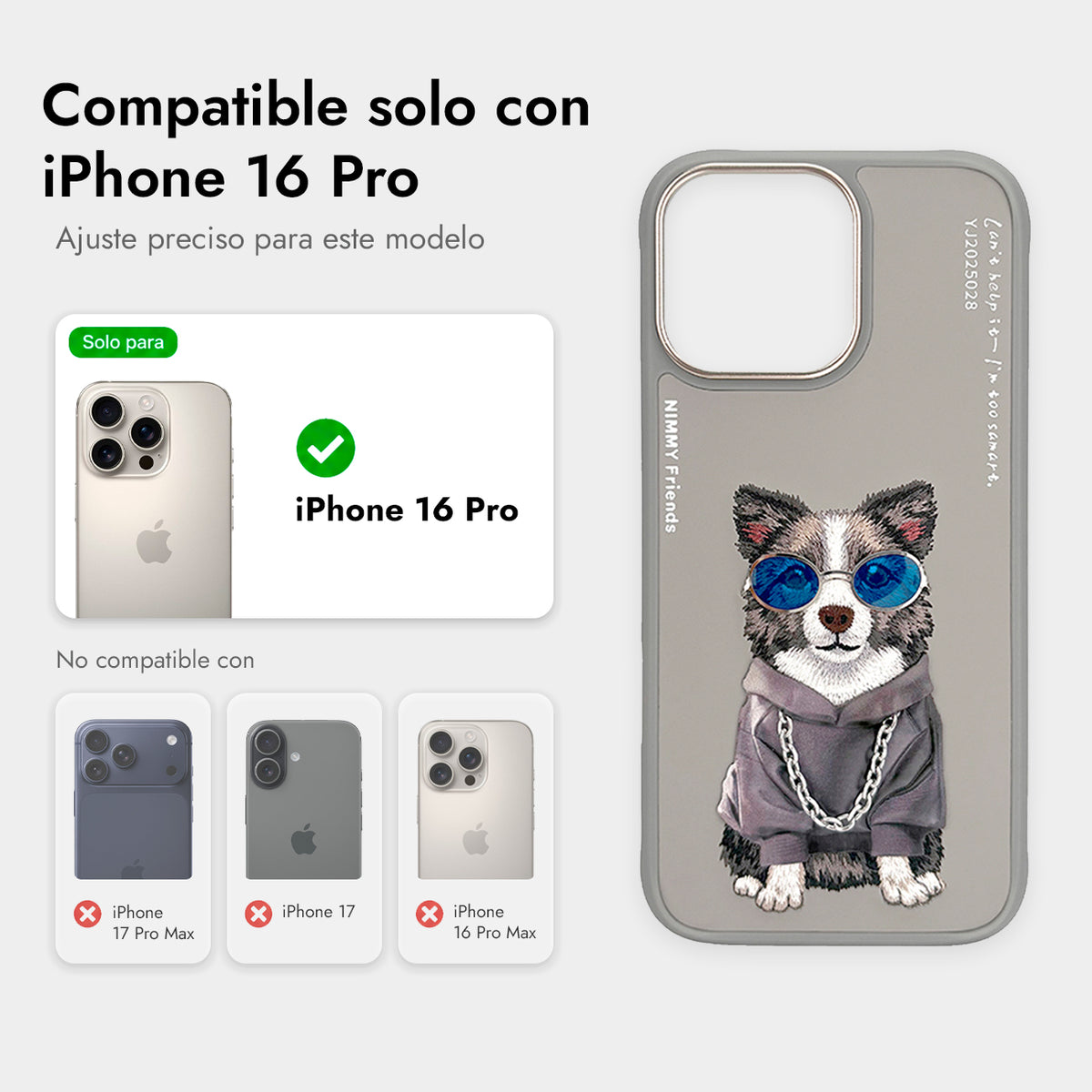 NIMMY Friends Funda Border Collie Glasses Series para iPhone 16 Pro, 3D Bordada Gris