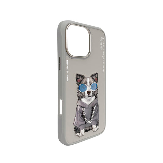 NIMMY Friends Funda Border Collie Glasses Series para iPhone 16 Pro Max, 3D Bordada Gris
