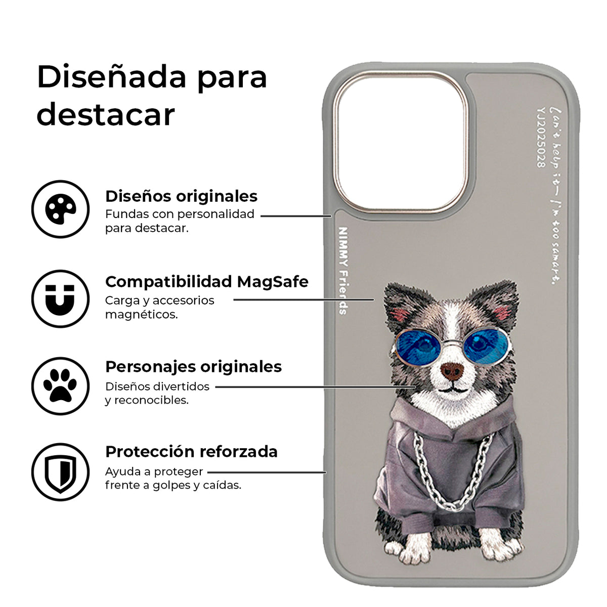 NIMMY Friends Funda Border Collie Glasses Series para iPhone 16 Pro Max, 3D Bordada Gris
