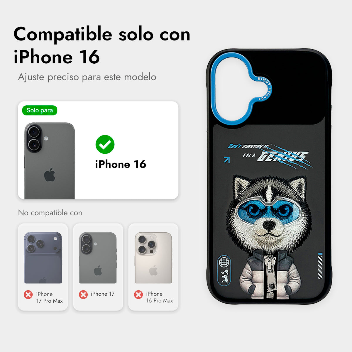 NIMMY Friends Funda Husky Cool & Cute 2.0 para iPhone 16, 3D Bordada