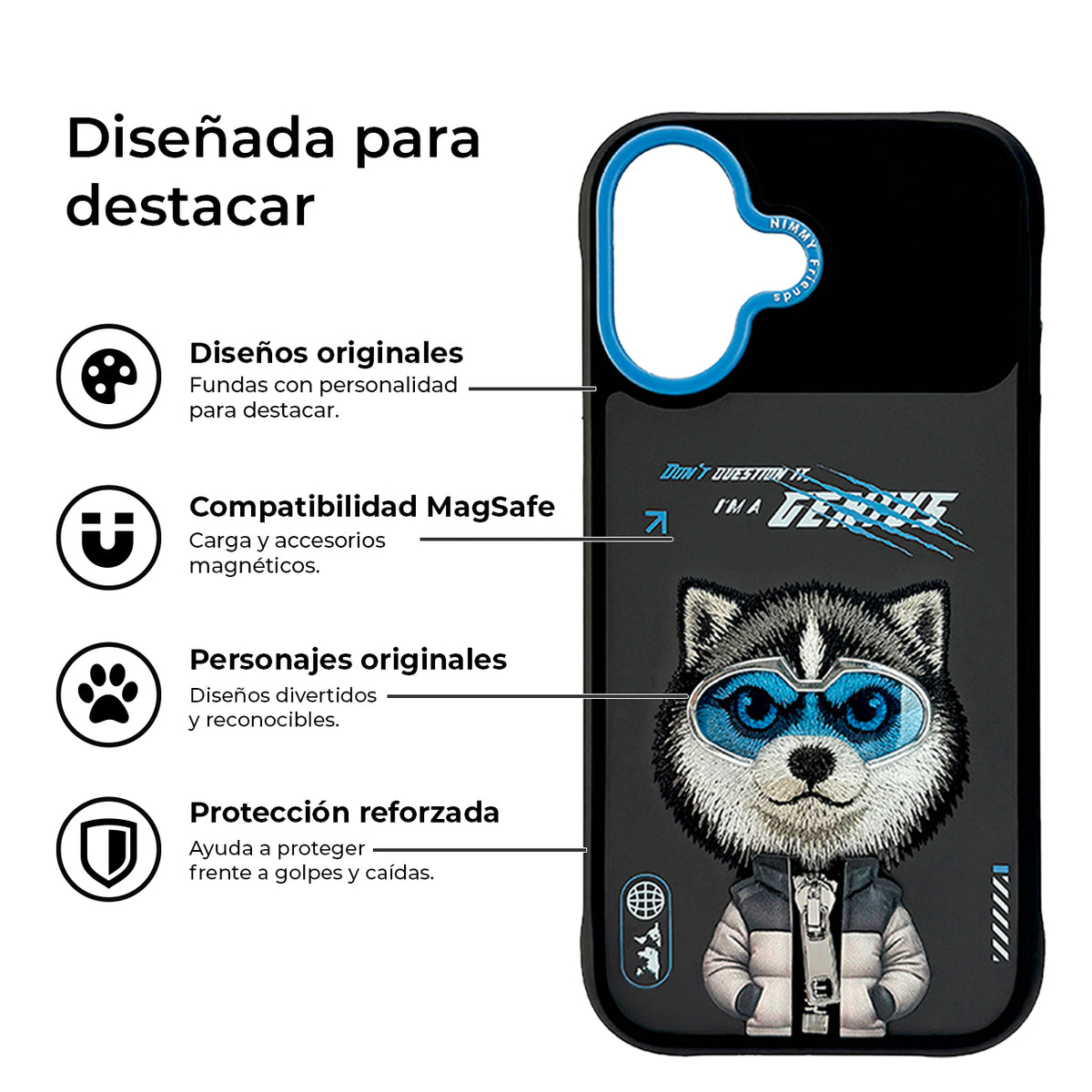 NIMMY Friends Funda Husky Cool & Cute 2.0 para iPhone 16, 3D Bordada