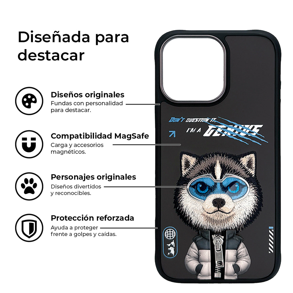 NIMMY Friends Funda Husky Cool & Cute 2.0 para iPhone 16 Pro, 3D Bordada
