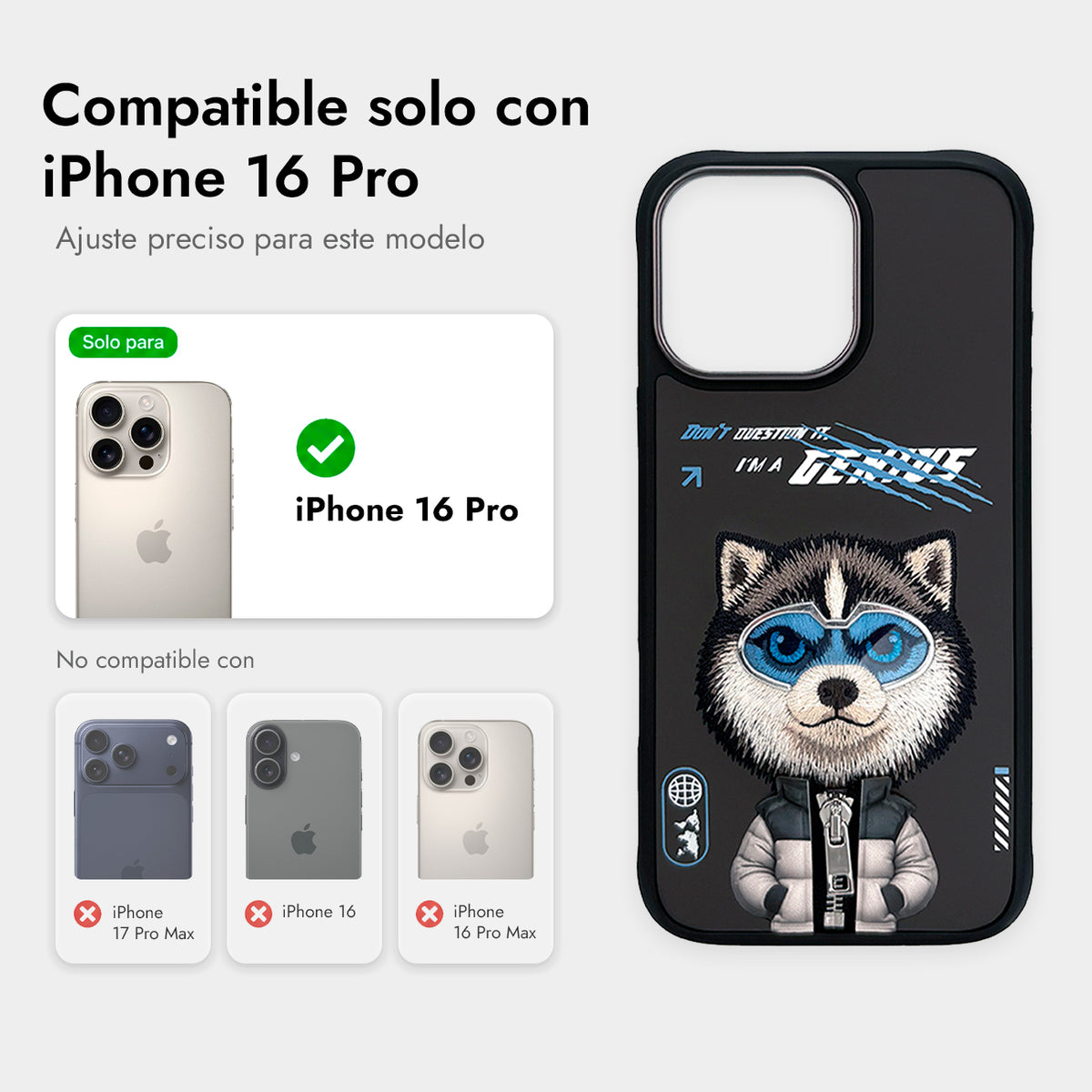 NIMMY Friends Funda Husky Cool & Cute 2.0 para iPhone 16 Pro, 3D Bordada