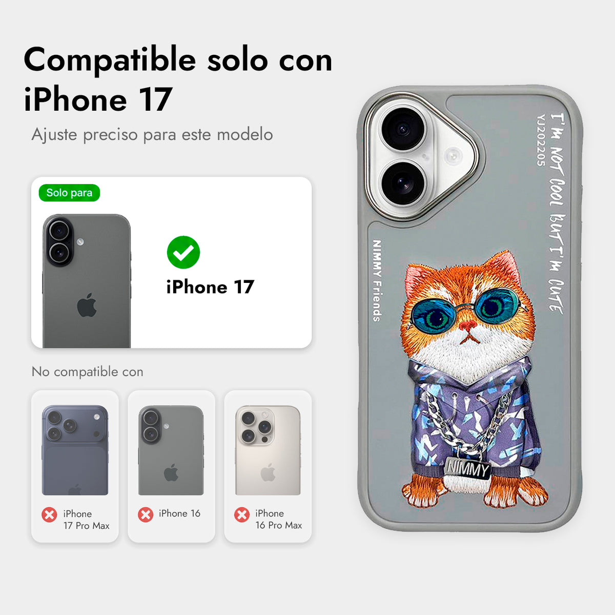 NIMMY Friends Funda Little Hipster Man Glasses Series para iPhone 17, 3D Bordada Gris
