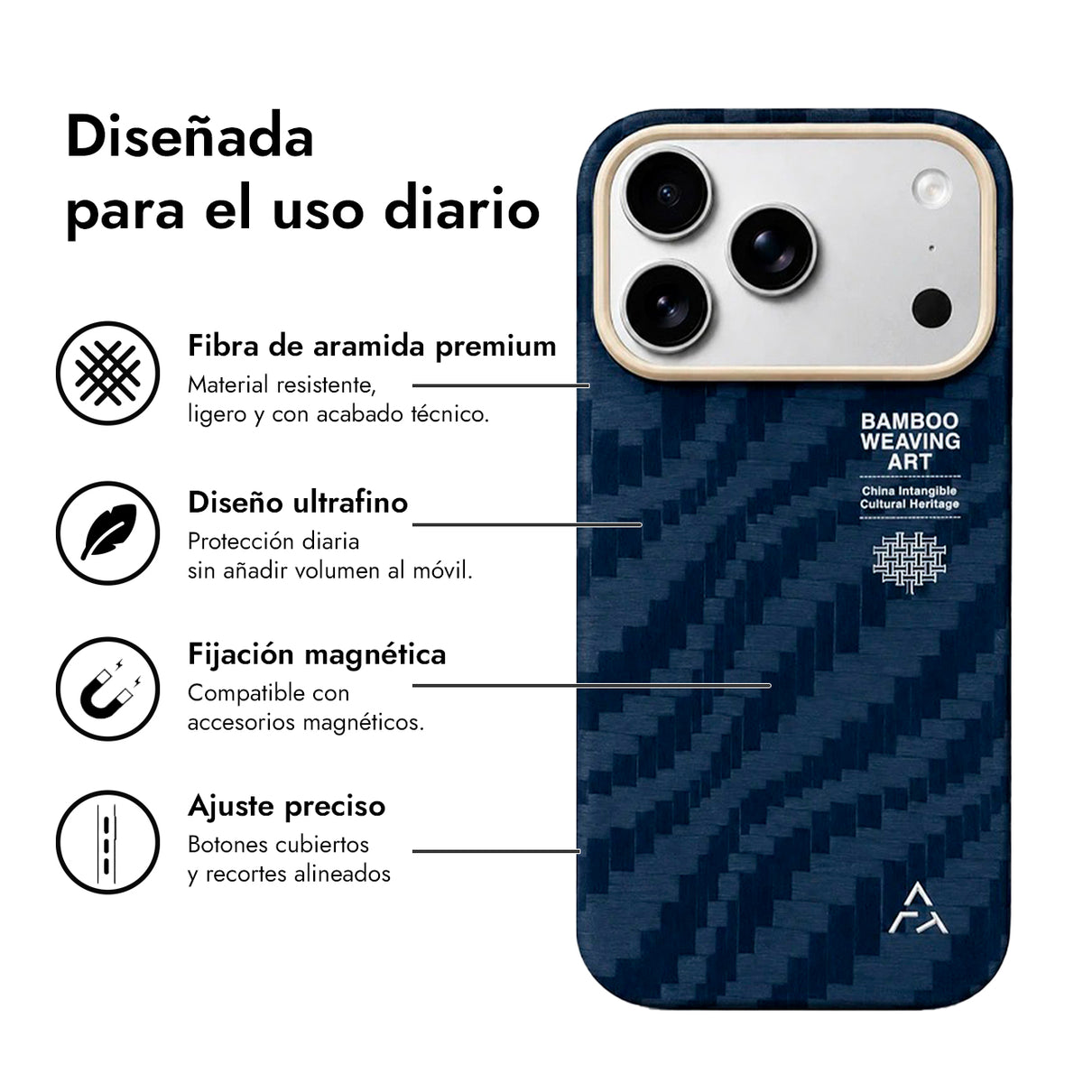 AIRITY Funda de Fibra de Aramida con Tejido de Bambú para iPhone 17 Pro/18 Pro Compatible con MagSafe, Ink Blue