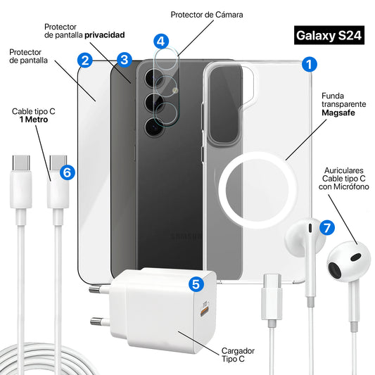 APOKIN Pack 7 en 1 para Galaxy S24: Funda Magnética + Kit Completo de Accesorios
