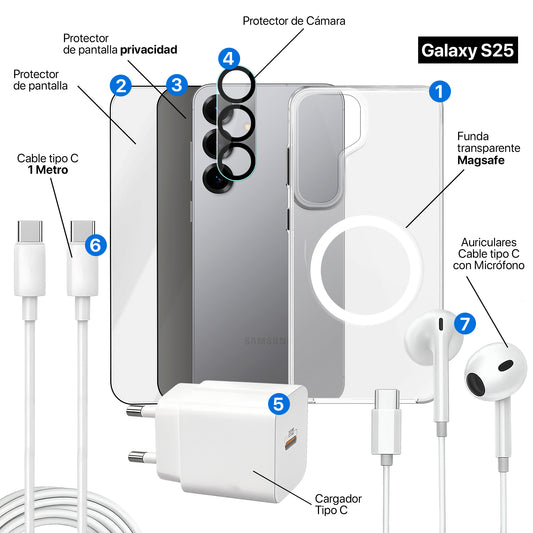 APOKIN Pack 7 en 1 para Galaxy S25: Funda Magnética + Kit Completo de Accesorios