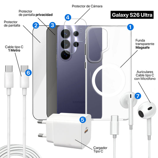APOKIN Pack 7 en 1 para Galaxy S26 Ultra: Funda Magnética + Kit Completo de Accesorios