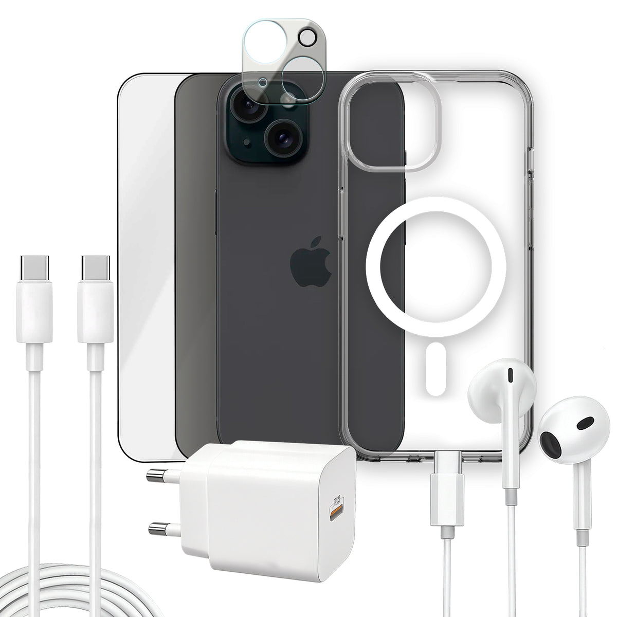 APOKIN Pack 7 en 1 para iPhone 15: Funda Magnética + Kit Completo de Accesorios