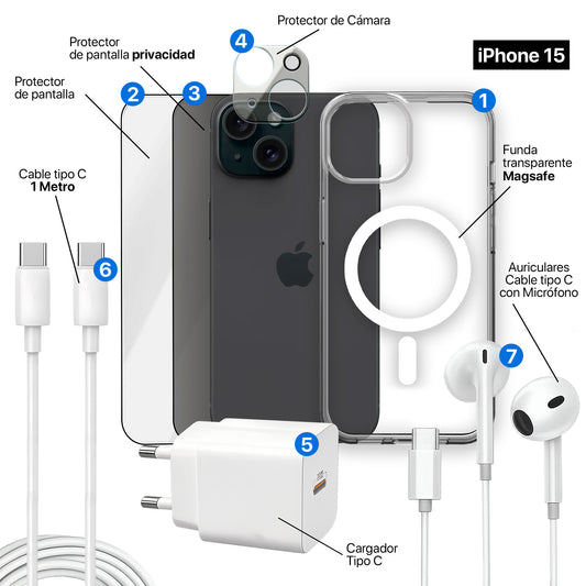 APOKIN Pack 7 en 1 para iPhone 15: Funda Magnética + Kit Completo de Accesorios
