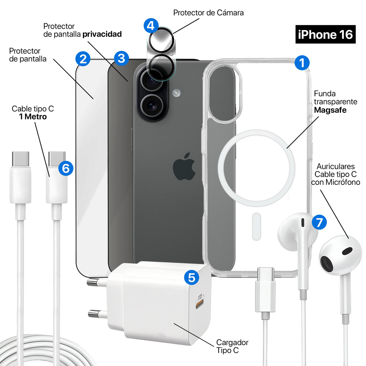 APOKIN Pack 7 en 1 para iPhone 16: Funda Magnética + Kit Completo de Accesorios