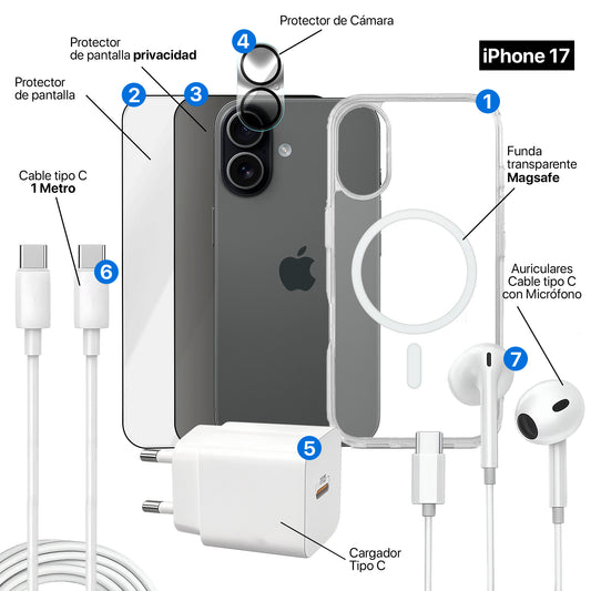 APOKIN Pack 7 en 1 para iPhone 17: Funda Magnética + Kit Completo de Accesorios