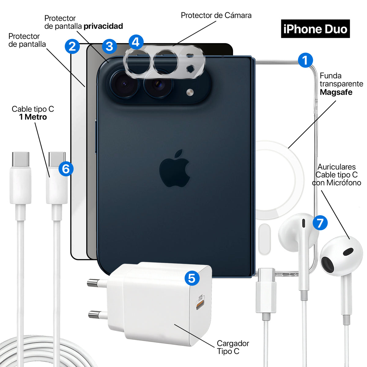 APOKIN Pack 7 en 1 para iPhone Duo: Funda Magnética + Kit Completo de Accesorios