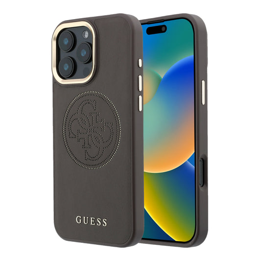 GUESS Funda Efecto Piel Logo Perforado para iPhone 16 Pro Max Compatible con MagSafe y Protección Anticaídas, Marrón