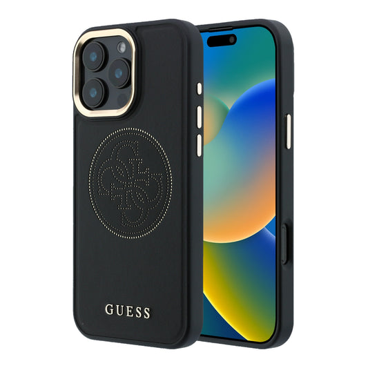 GUESS Funda Efecto Piel Logo Perforado para iPhone 16 Pro Max Compatible con MagSafe y Protección Anticaídas, Negra
