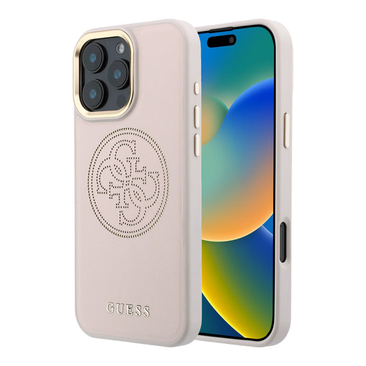 GUESS Funda Efecto Piel Logo Perforado para iPhone 16 Pro Max Compatible con MagSafe y Protección Anticaídas, Rosa
